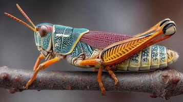 Colorful grasshopper perched on a branch showcasing intricate patterns and vivid hues in natural habitat photo