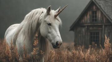 Enchanted unicorn stands in meadow near rustic cabin on misty morning in a fantasy landscape photo