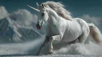 Majestic white unicorn galloping through a snowy landscape with mountains in the distance during daylight hours photo