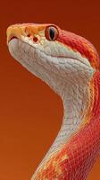Colorful snake displays striking patterns against an orange background in a close-up view photo