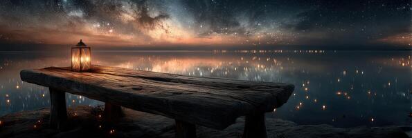 Serene wooden bench under a starry sky with a glowing lantern by the calm lake photo