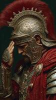 Warrior in ornate armor prepares for battle, showcasing intricate details and historical essence photo