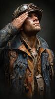 Soldier saluting in worn uniform during the war, showcasing determination and resilience in a poignant moment photo