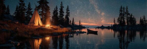 Relaxing night camping by a tranquil lake under a starry sky with a warm campfire and a small boat photo