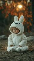 Child in cozy bunny costume sitting on forest ground during sunset with warm, glowing background photo