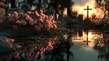 Flowers bloom near a reflective pond at sunset in a tranquil cemetery setting photo