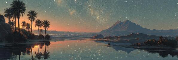 Serene dusk with palm trees and mountain reflection over tranquil water under a starlit sky photo