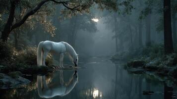 Majestic white horse drinking from a tranquil stream in a forest at dawn under soft morning light photo