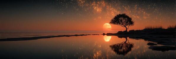Sunset reflection over calm waters with silhouetted tree near the shore photo