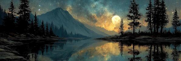 Stunning night sky illuminates mountains and calm waters under full moon at a tranquil lakeside location photo