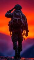 Soldier saluting at sunset in a mountainous landscape showcasing dedication and bravery during a reflective moment photo