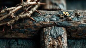 Crown of thorns resting on weathered wooden surface with small flower details and rustic elements in dim lighting photo