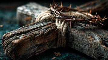 Representation of suffering and sacrifice through a wooden cross and a crown of thorns in a dark setting photo