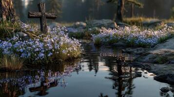 Tranquil natural setting with flowers and a wooden cross beside a calm stream at sunset photo