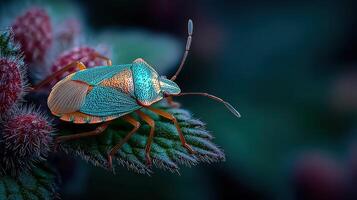 Insect resting on green leaf surrounded by vibrant flowers during twilight hours in a garden photo