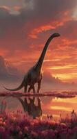 Brachiosaurus stands tall by tranquil lake under fiery sunset in prehistoric landscape photo