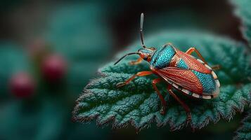 Colorful bug resting on green leaf with blurred background in a natural setting photo
