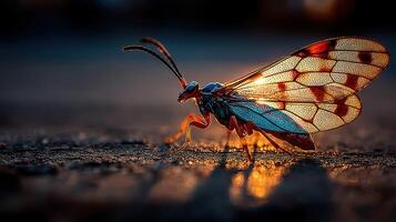 Colorful insect with intricate wings shines under sunset light on an outdoor surface photo