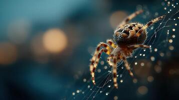 Spider weaving a delicate web at dusk with shimmering droplets glistening in the fading light photo