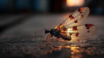 Beautiful close-up of a colorful insect with intricate wings during sunset in an urban setting photo