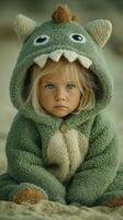 Child wearing cozy monster hooded outfit with a serious expression at the beach during golden hour photo