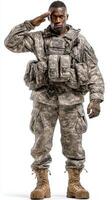 Soldier in military uniform salutes with respect at an outdoor location during daytime training exercises photo