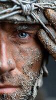Soldier with muddy face salutes during military training in a rugged environment photo