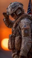 Soldier saluting during sunset, showing respect and dedication in a dusty battlefield photo