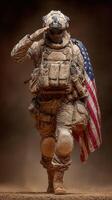 Soldier in desert camouflage salutes while wearing an American flag during a heartfelt moment of honor photo