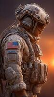 Soldier in tactical gear stands against a vibrant sunset background in a desert environment, conveying strength and resilience photo