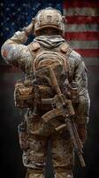 Soldier saluting in front of an American flag with military gear and weapons, showcasing courage and dedication photo