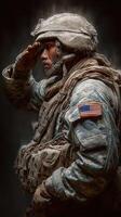 Soldier saluting during military ceremony in a solemn environment, expressing honor and respect for service photo
