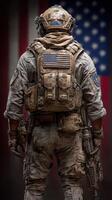 Soldier wearing tactical gear stands in front of American flag during a military operation in a gritty urban setting photo
