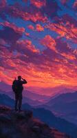 Soldier salutes the sunset over a mountain range during twilight photo