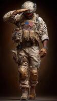 Military soldier saluting while wearing tactical gear against a dark backdrop during a portrait session photo