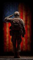 Soldier saluting in front of American flag during a solemn tribute in the evening photo