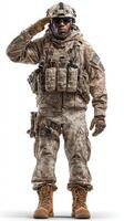 Soldier in tactical uniform saluting with confidence in a military setting during daytime photo