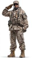 Military soldier saluting while dressed in camouflage uniform with tactical gear indoors photo