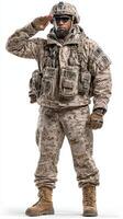 Military personnel in desert camouflage uniform saluting in a respectful stance during a training exercise photo