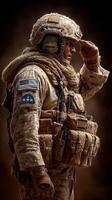 Soldier in camouflaged gear salutes with confidence, showcasing dedication during a solemn moment of respect photo