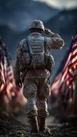 Military personnel stands tall amidst rows of American flags at sunset, honoring service and sacrifice during a solemn ceremony photo