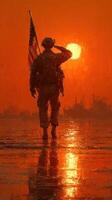 Soldier saluting the sunset with American flag at a coastal location photo