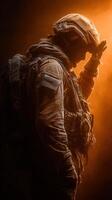 Soldier salutes during sunset, showcasing dedication and bravery in a dramatic atmosphere photo