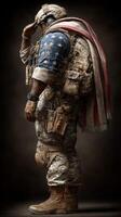 Soldier in camouflage uniform saluting while draped in American flag during a somber moment of respect and remembrance photo