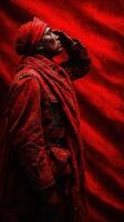 Soldier in a red uniform saluting against a vibrant red backdrop photo