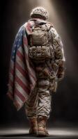 Soldier in combat gear walks away draped in an American flag blanket during a solemn moment in a dimly lit setting photo