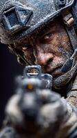 Soldier in winter camouflage aiming weapon during military training in a snowy environment photo