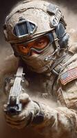 Soldier in tactical gear prepares for action in dusty combat environment during a military operation photo