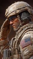 Soldier saluting in dusty military attire during a quiet moment of reflection in the field photo