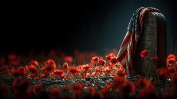 Tribute to fallen heroes with poppies and a flag in a peaceful memorial setting photo